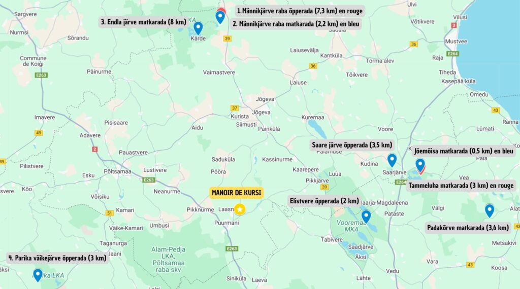 Carte des sentiers de randonnée autour du Manoir de Kursi